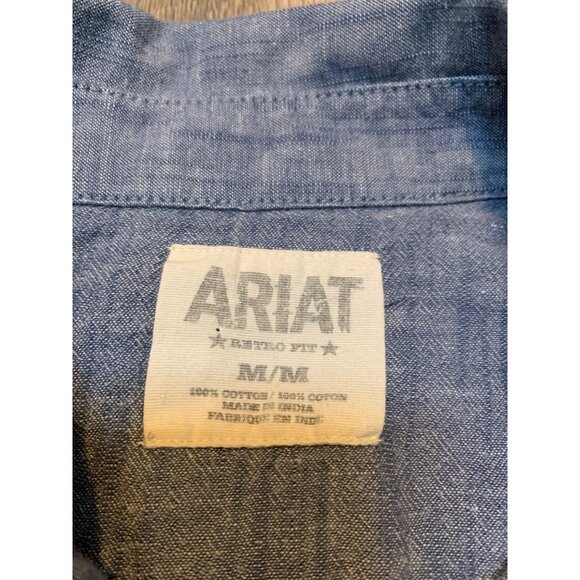 Ariat Mens M Retro Fit Blue Denim Pearl Snap Long Sleeve Shirt Pockets - Picture 3 of 7
